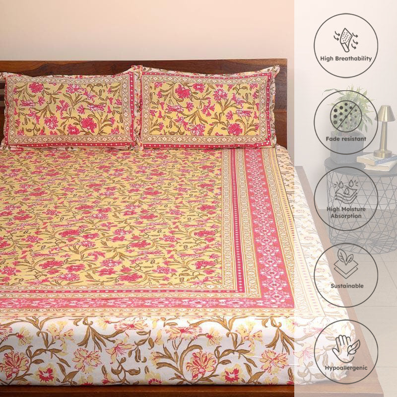 Nazakat Jaipuri Cotton Bedsheet (Pink) - 144 TC media 3