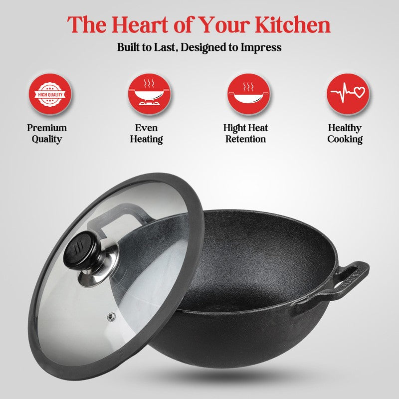 Vinod Fayric Cast Iron Kadhai With Lid- 3300 mL/12 Inches media 5