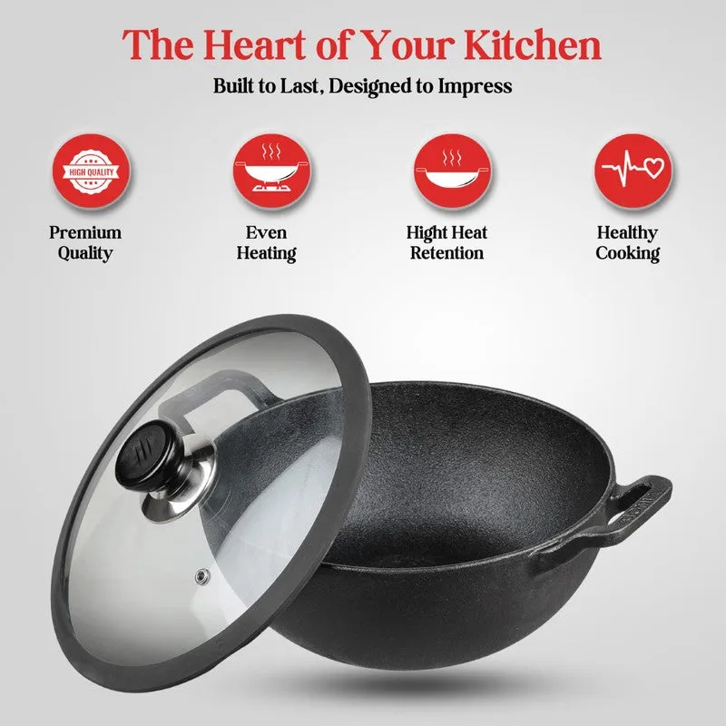 Vinod Fayric Cast Iron Kadhai With Lid- 3300 mL/12 Inches - 5