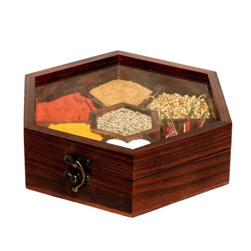 Rasoi Sheesham Wood Hexagon Masala Box - Two Piece Set media 3