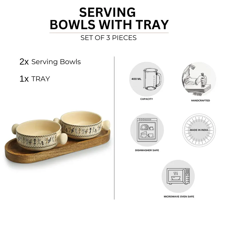 Warli Whirls Handcrafted Ceramic Bowl with Tray (400 ML) - Three Piece Set media 6