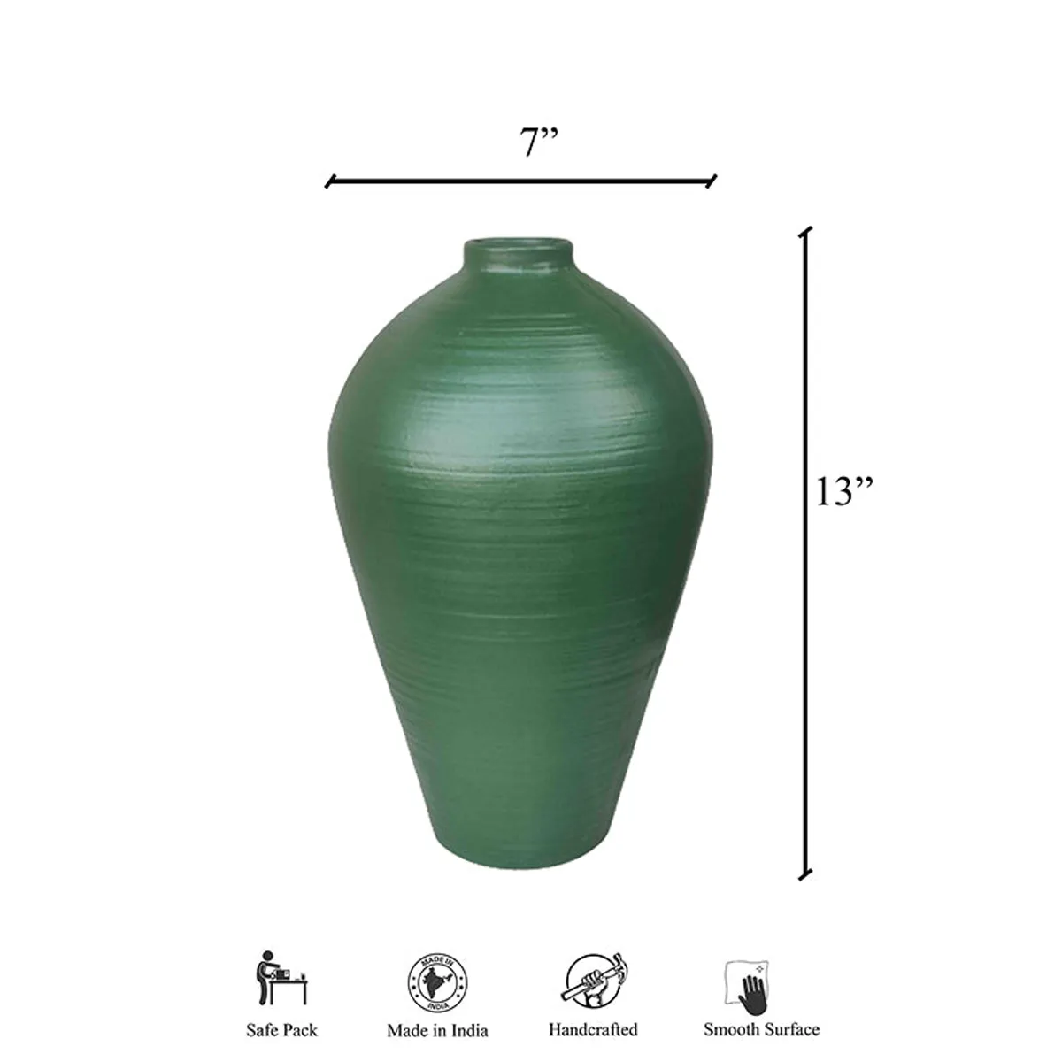 Green urn-shaped vase on a white background with printed dimension graphics