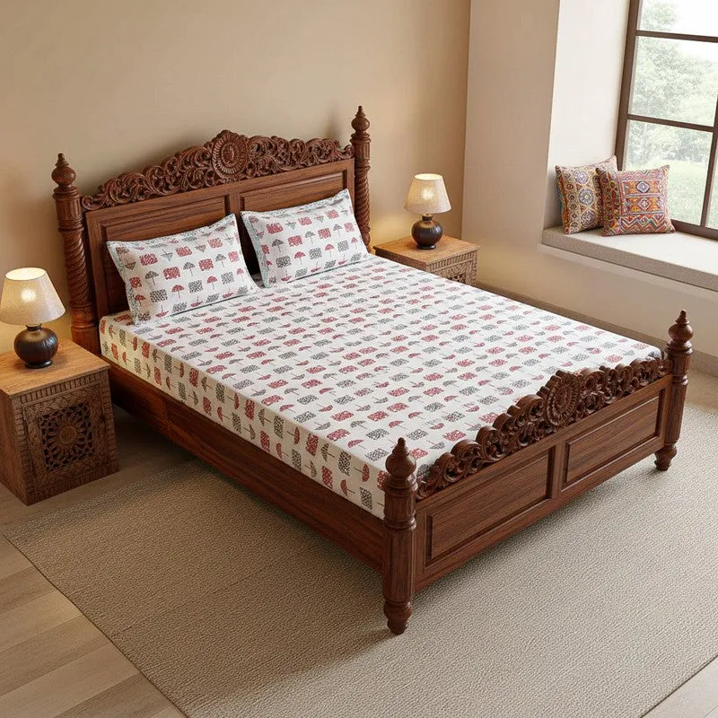 Hastina Parade Cotton Bedsheet (Red, Light Blue) - 180 TC media 1