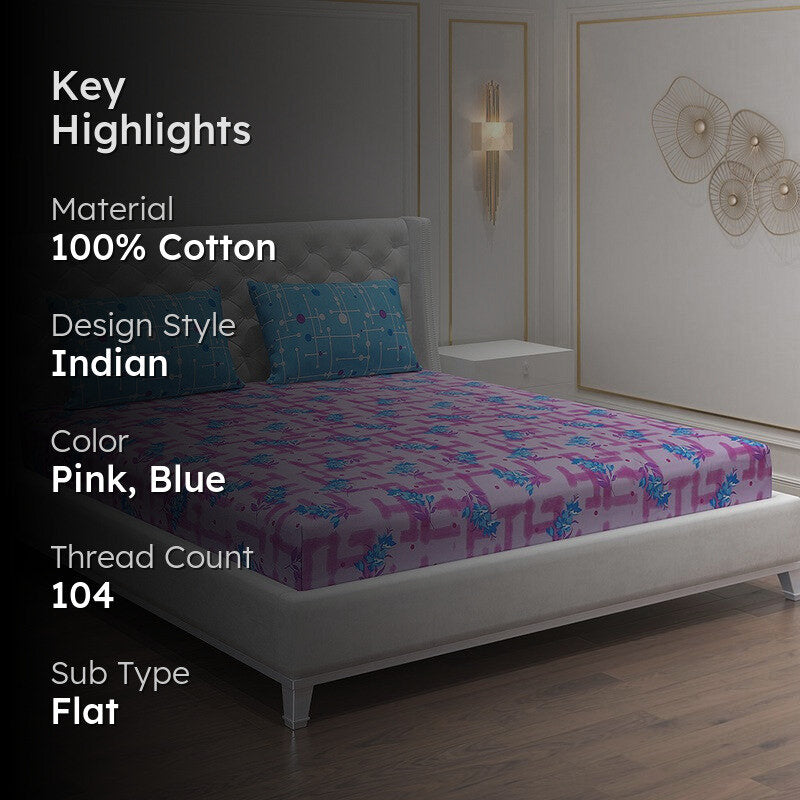 Monte Carlo Bloom Bliss Cotton Bedsheet (Pink,Blue) - 104 TC media 2