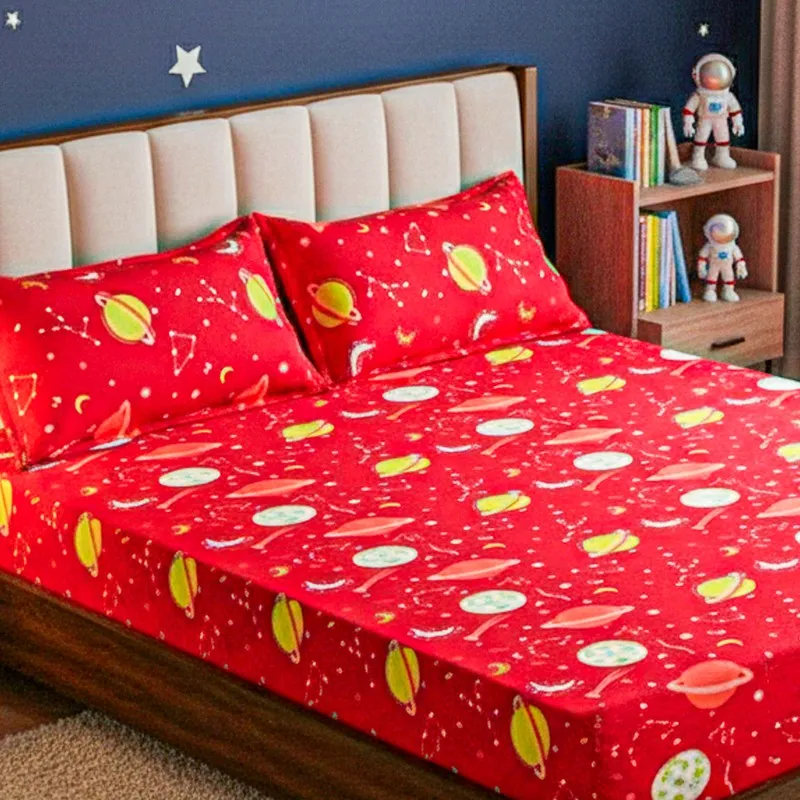 Galaxy Ride Kids Neon Print Cotton Bedsheet (Red) - 144 TC media 3