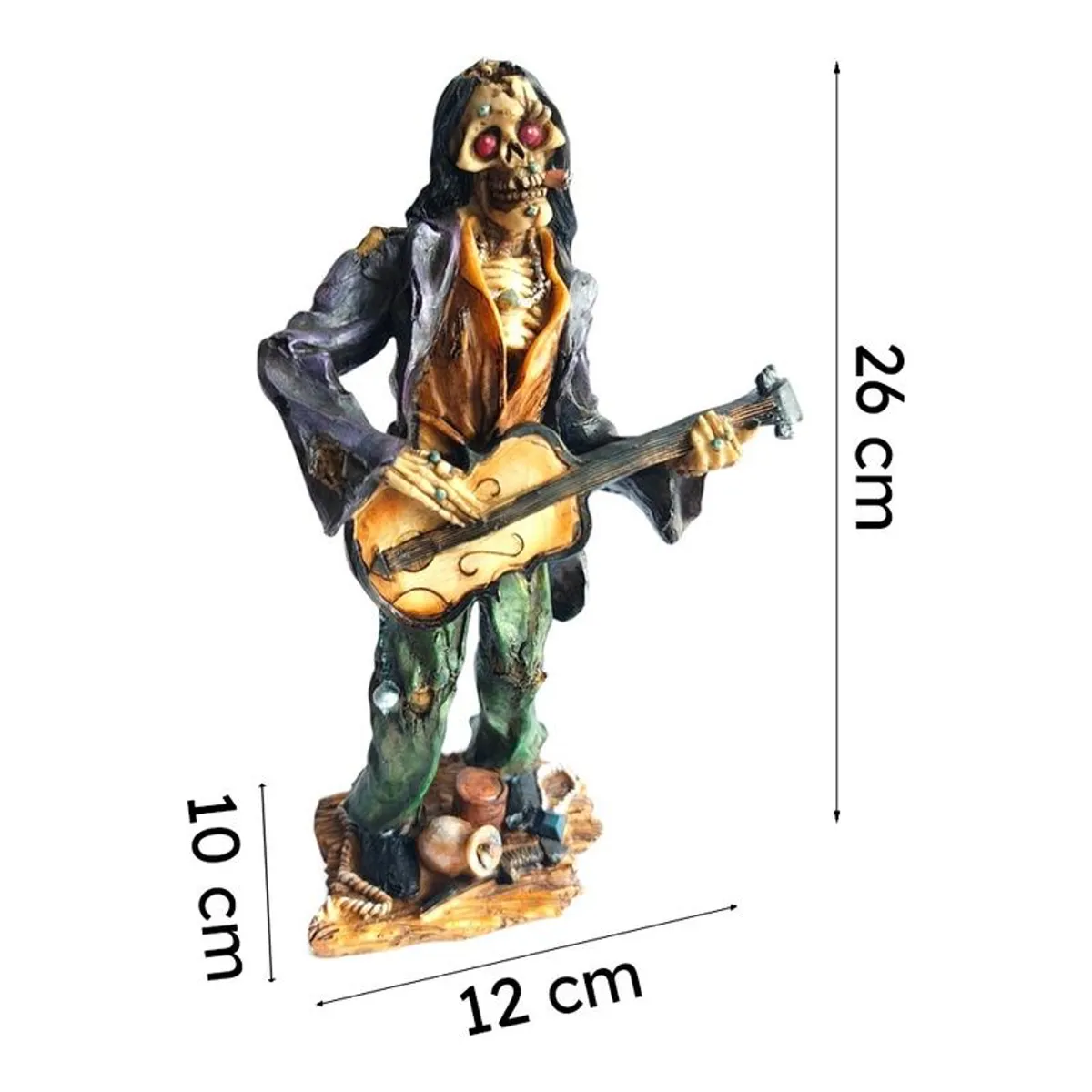 Front view of the zombie guitarist showpiece with measurement arrows on a white background