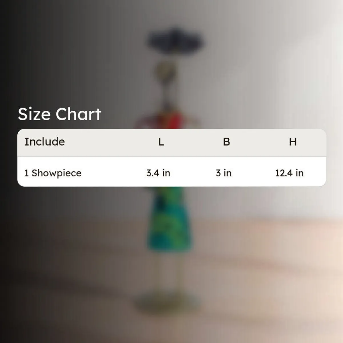 Size chart graphic with a blurred background image of the showpiece