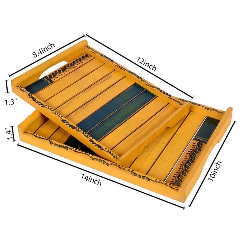 Two yellow wooden trays shown together with their dimensions visibly illustrated