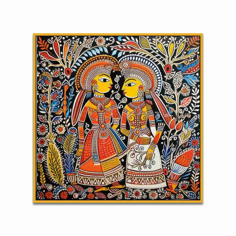 Madhubhani Motifs Canvas Wall Art With Frame media 4