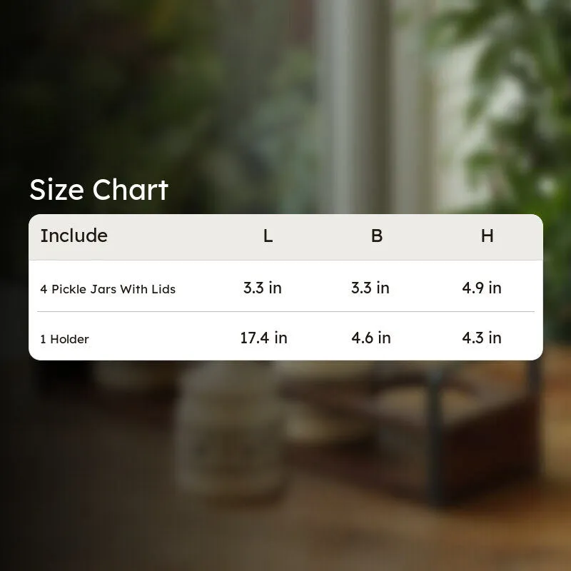 Lifestyle image of the jar set and holder with a size chart overlay.