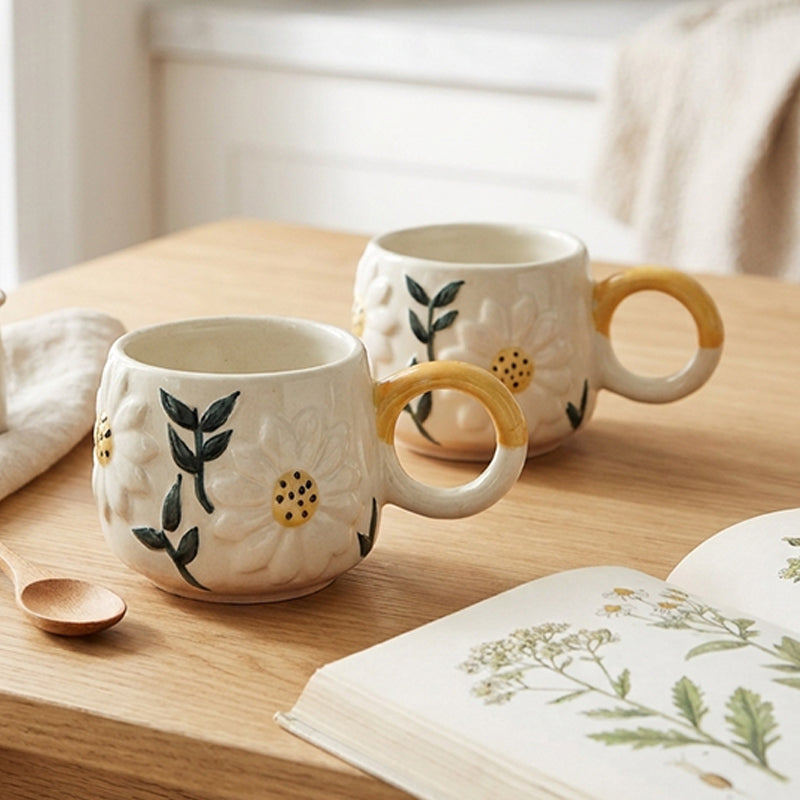 Daisy Ceramic Coffee Mug (300 mL Each) - Set of 2