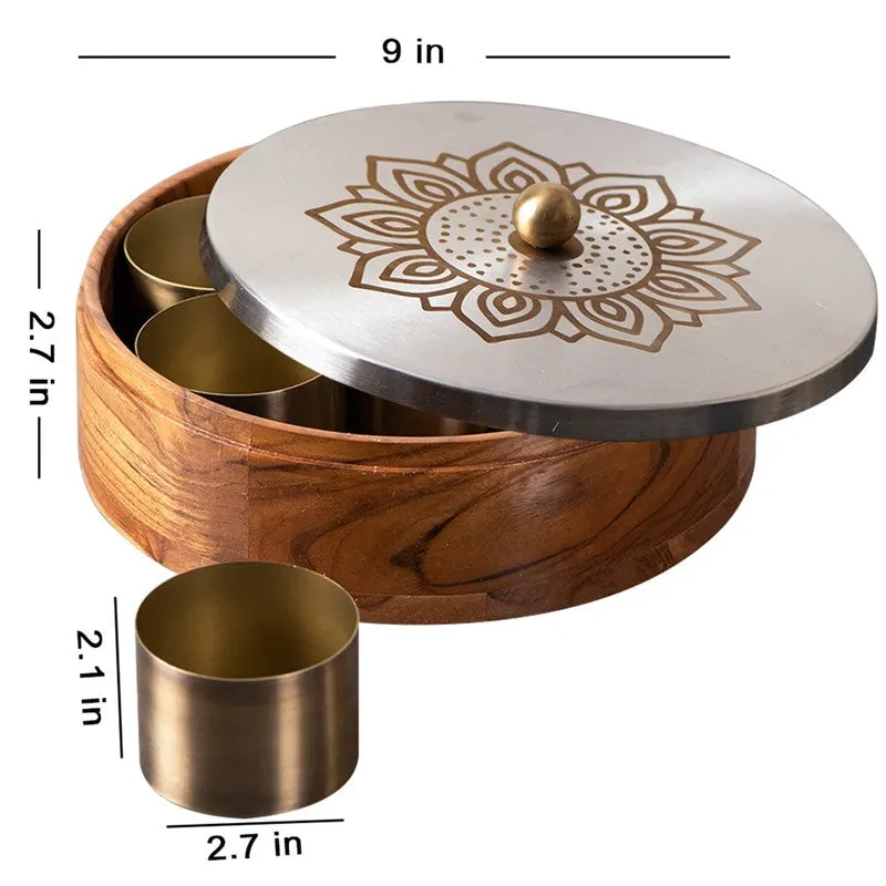 Grano Teak Wood Round Masala Box - Three Piece Set media 8