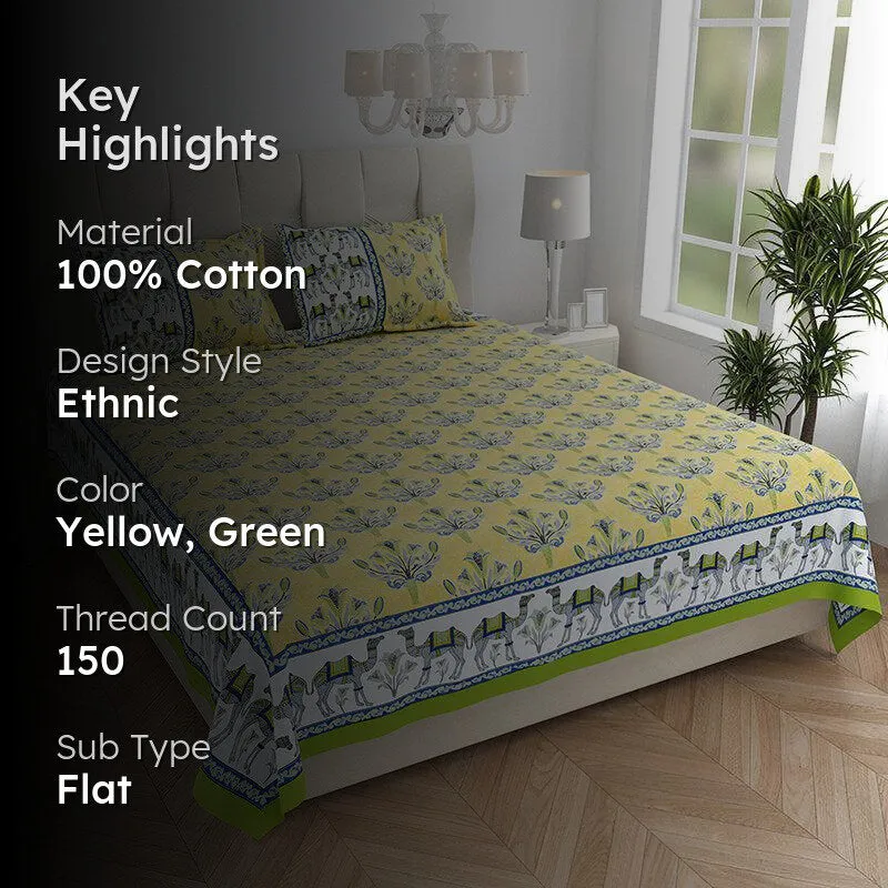 Yellow printed bedsheet on a bed with key highlights text overlay