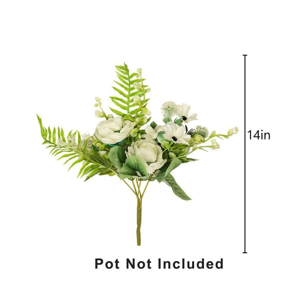 White and green artificial flower arrangement shown against a plain white background