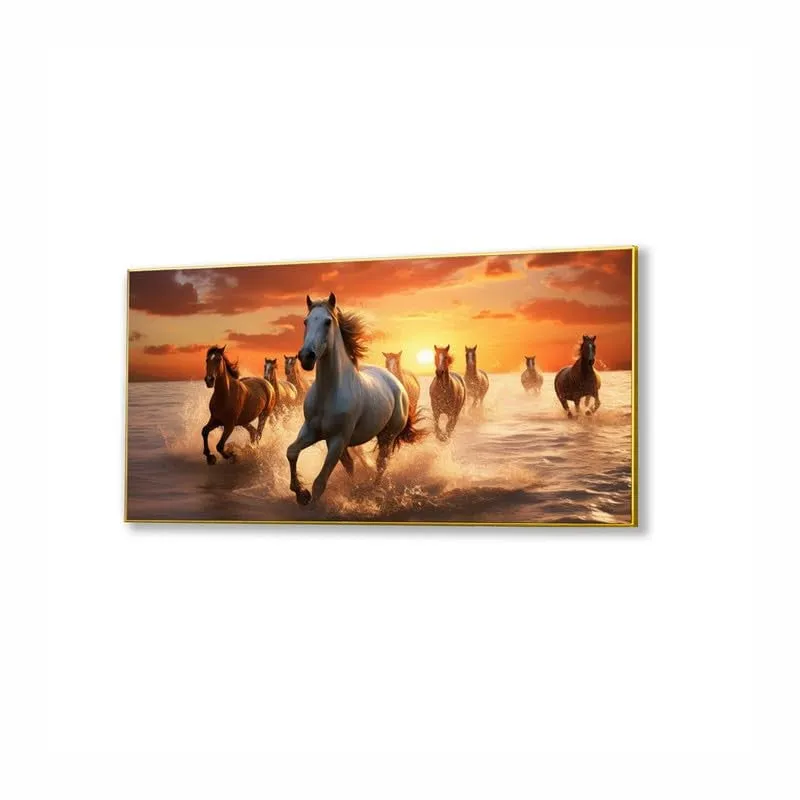 Ocean Horse Run Canvas Wall Painting With Gold Frame media 4
