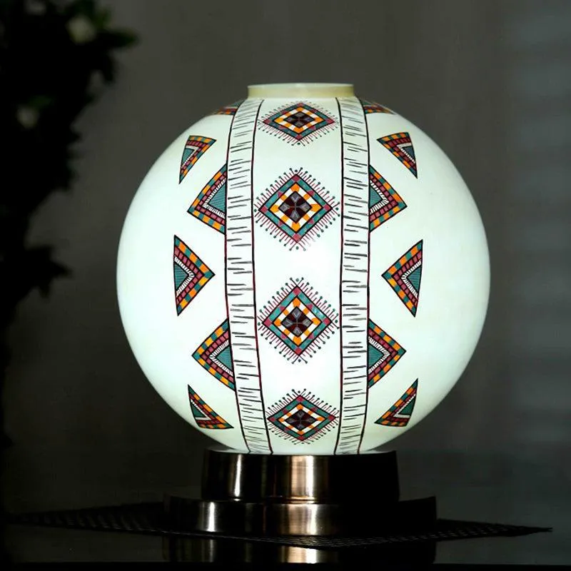 Boho Blaze Hand Painted Brass & Glass Moon Table Lamp - Multicolor media 1