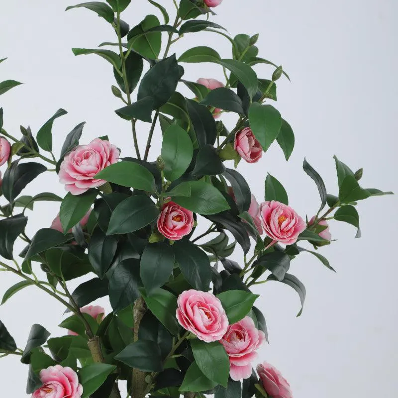 Faux Camellia Bloom Rose With Black Plastic Pot - Pink & Green media 5