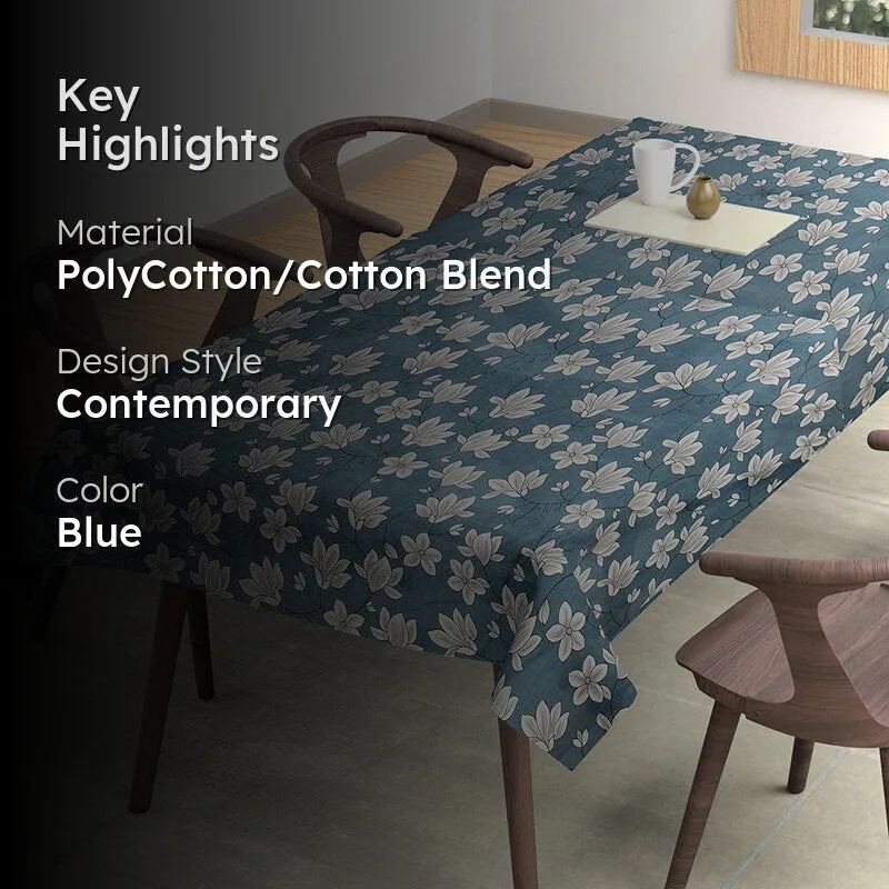 Blue floral table cover styled on a dining table