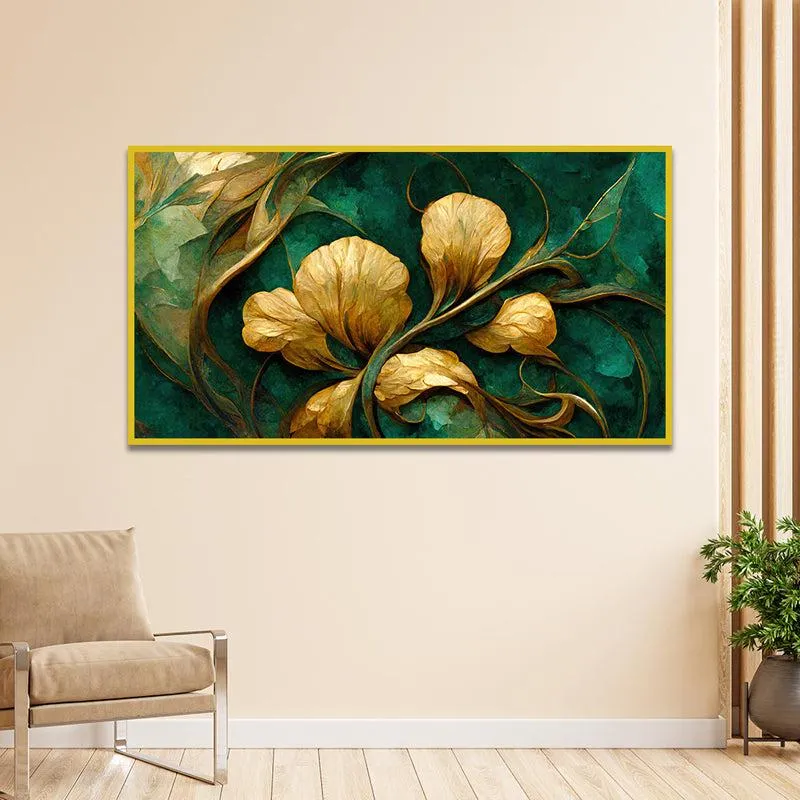 Emeral & Gold Floral Canvas Wall Painting With Frame - Gold media 1