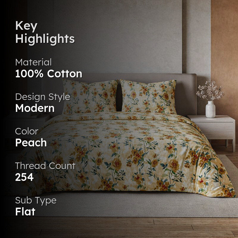Surva Camellias Flora Cotton Bedsheet (Peach) - 254 TC media 2