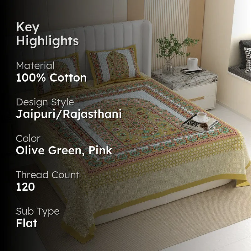 Ethnic Bloomy Cotton Bedsheet (Olive Green,Pink) - 120 TC media 2