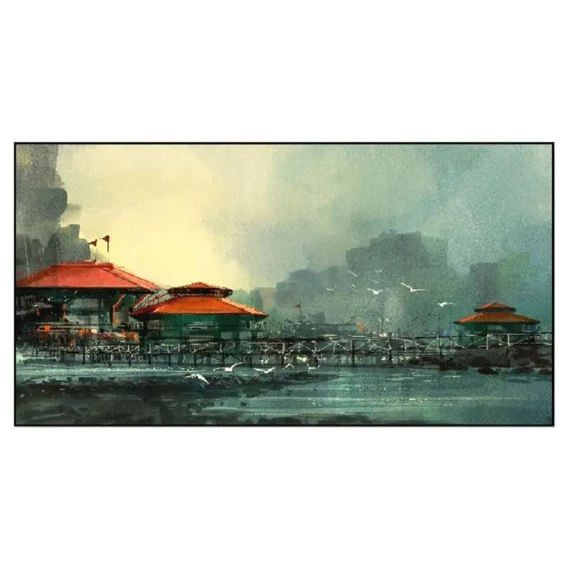 Misty Harbor Retreat Canvas Wall Painting With Frame media 4