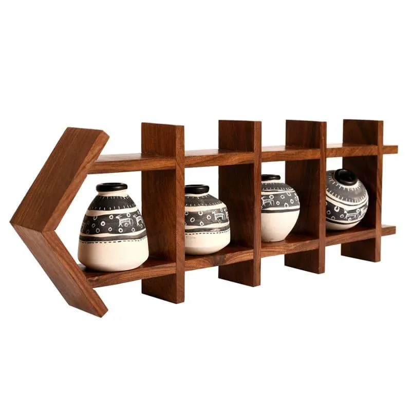 Chenaya Wooden Wall Shelf With Pots - Set Of Five media 3
