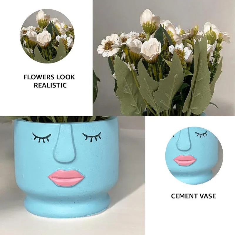 Faux Aster Artificial Flower With Pot - White & blue media 5