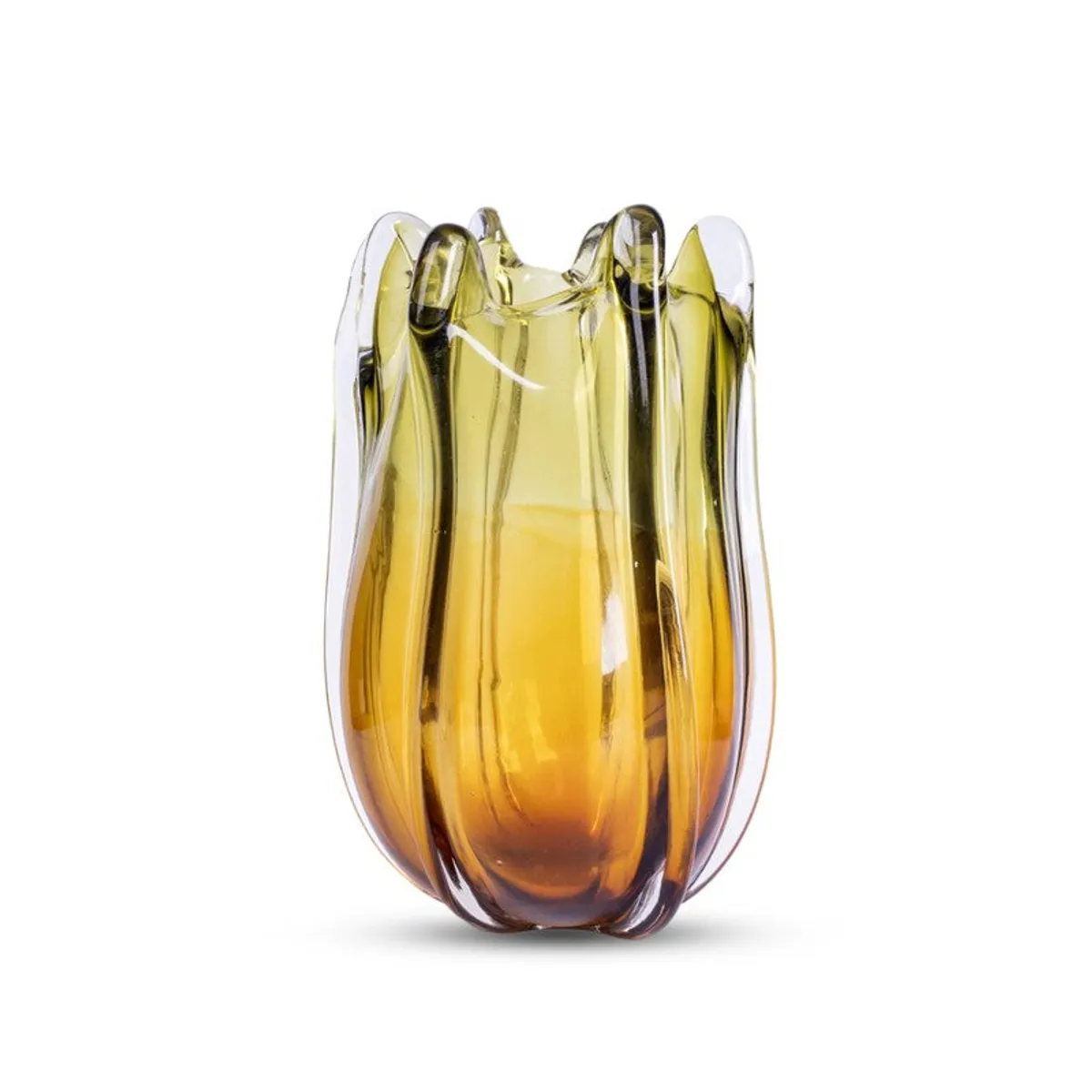 Front view of a green and gold ombre glass vase on a white background.