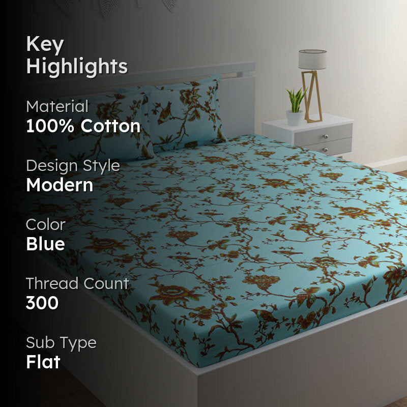 Anaidda Printed Cotton Bedsheet (Blue) - 300 TC media 2