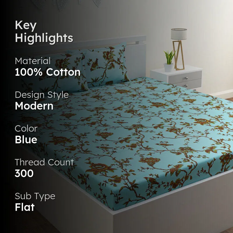 Anaidda Printed Cotton Bedsheet (Blue) - 300 TC media 2