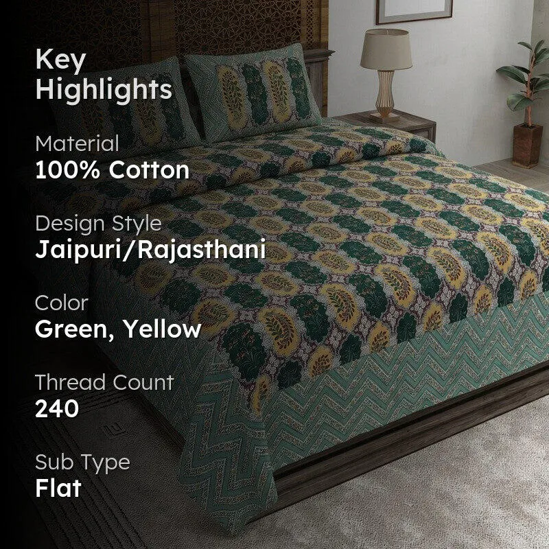 Floraum Cotton Bedsheet (Green,Yellow) - 240 TC media 2