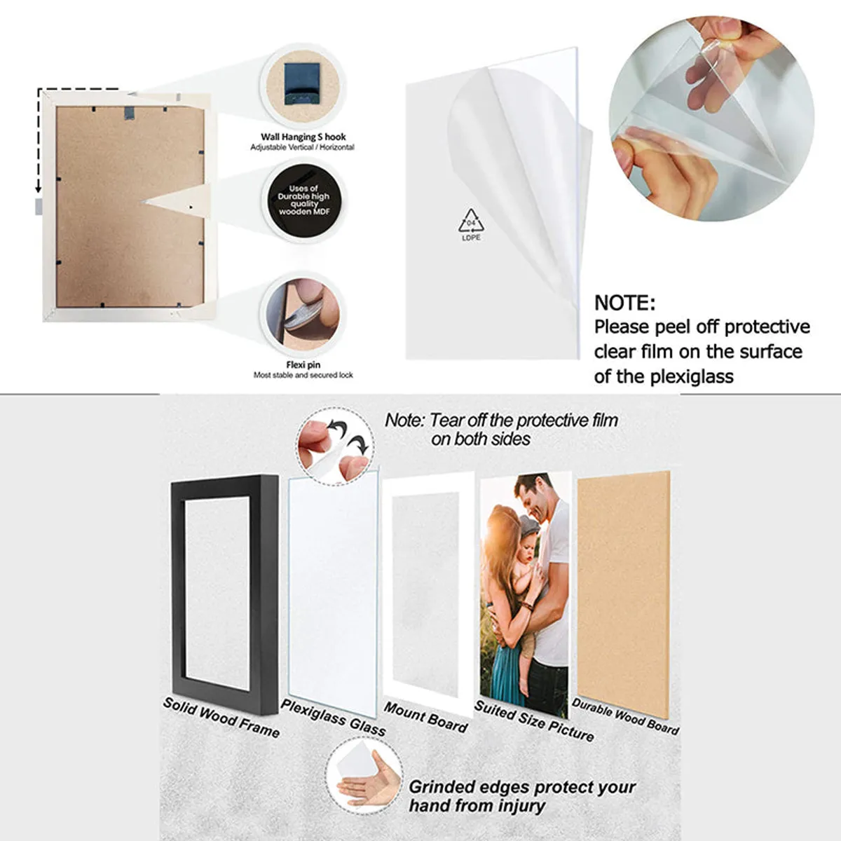 Exploded view of a brown frame showing its backing and clear front panel.