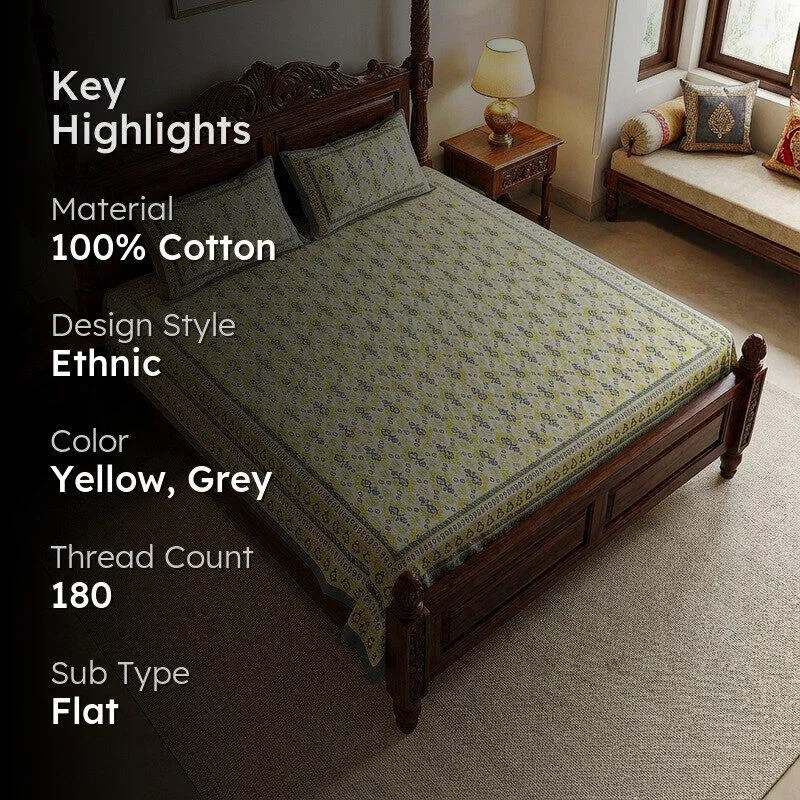 Rowan Ethnic Cotton Bedsheet (Yellow) - 180 TC media 2