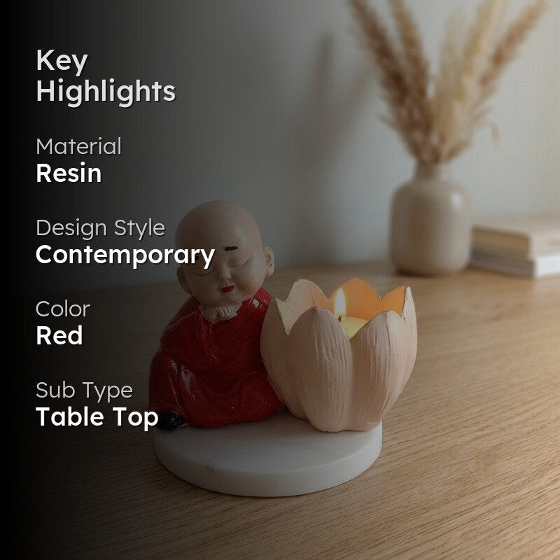 Buddha Monk Lotus Resin Tea Light Candle Holder - Red media 2