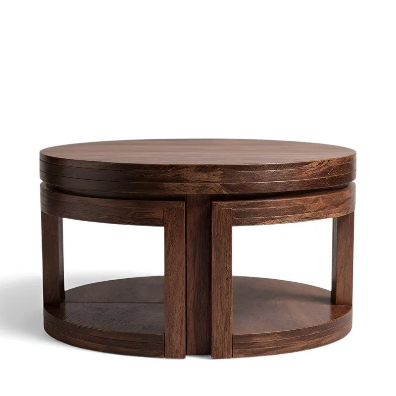 Compact round brown wooden table set with stools tucked underneath