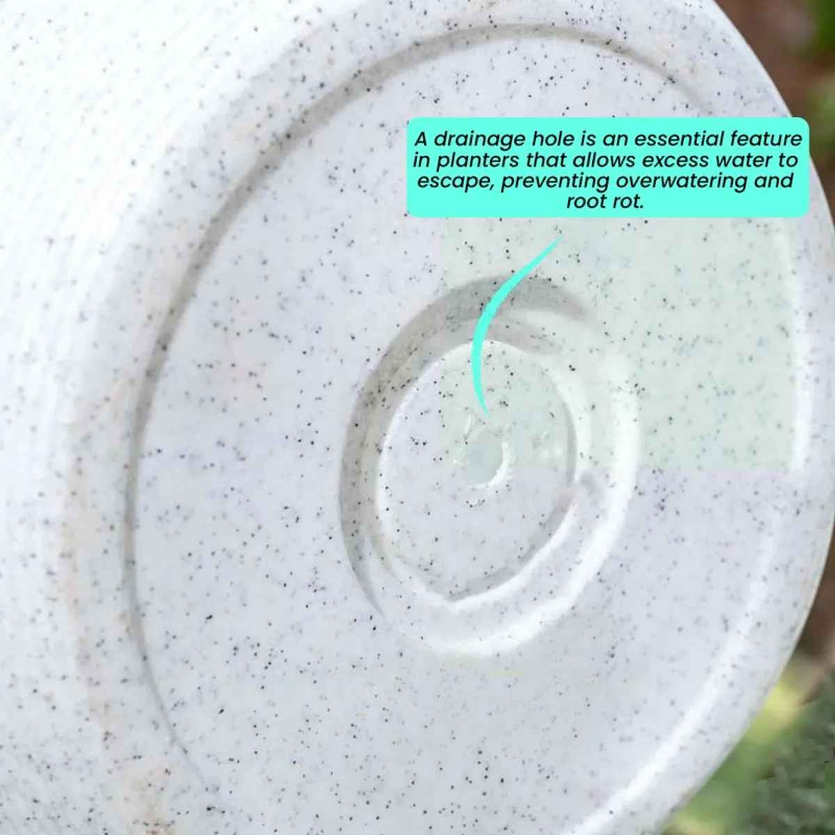Close-up of the white planter's speckled polymer surface and rounded shape