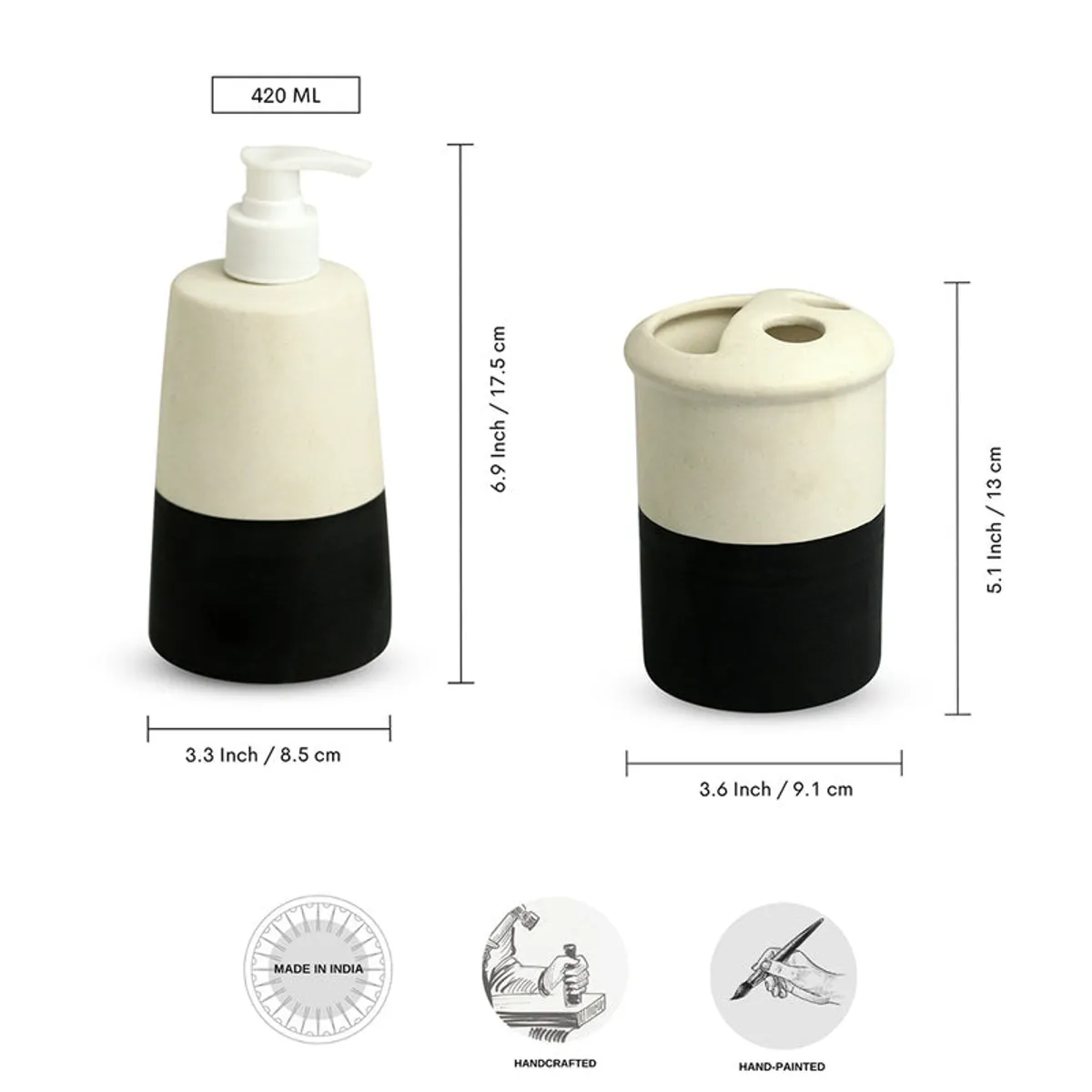 Black-and-white ceramic soap dispenser and toothbrush holder shown together
