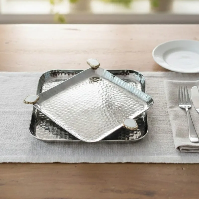 Aurora Edge Hammered (Metal,Agate) Platter (White & Silver) - Set of Two media 7