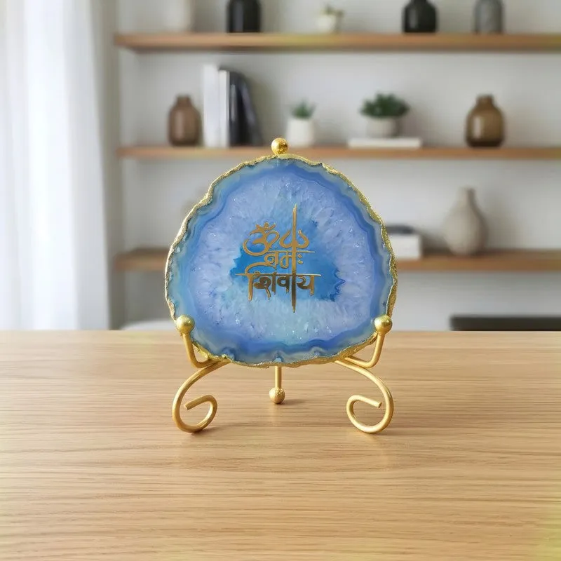 Om Namah Shivay Agate Showpiece With Stand - Blue & Gold media 4
