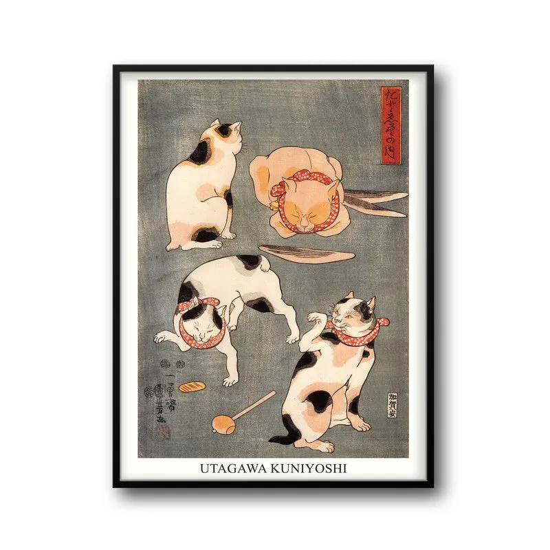 Four Cats In Different Poses Utagawa Kuniyoshi Archival Canvas Wall Painting - Black Frame media 5