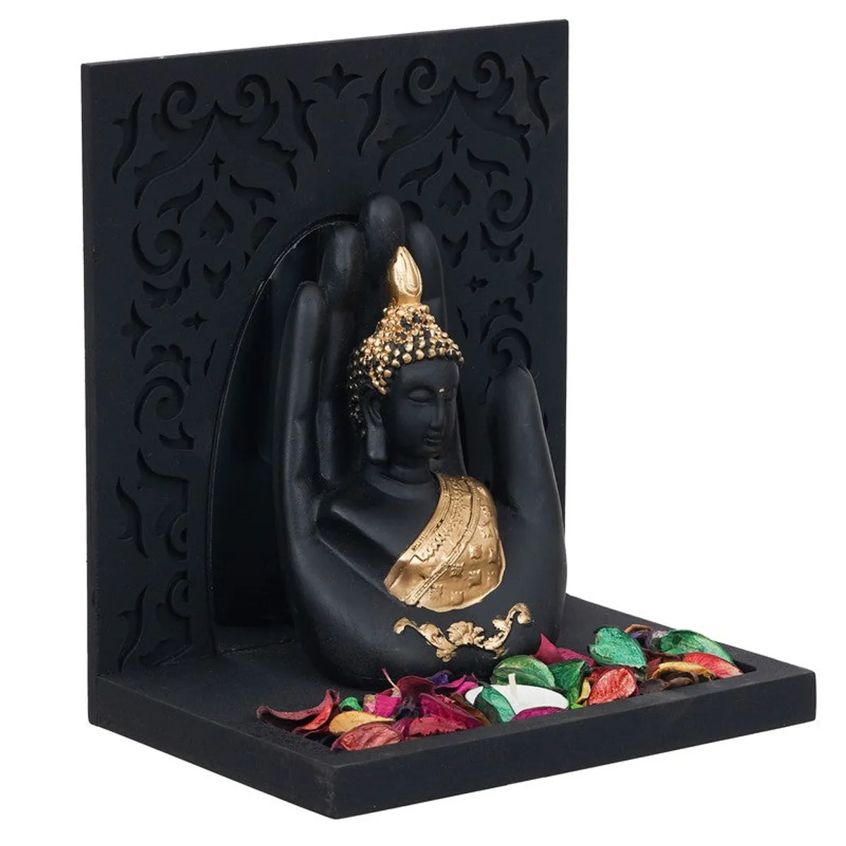 Angled view of black Buddha tea light holder with carved backdrop