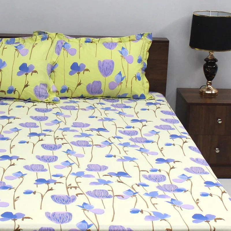 Prisha Floral Cotton Bedsheet (Yellow,Purple) - 110 TC media 1