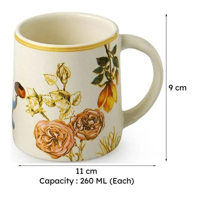 Close-up of a floral ceramic tea cup with dimensions shown