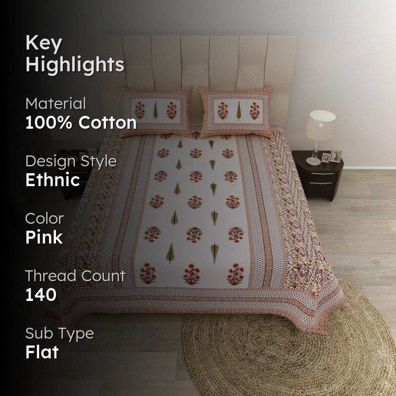 Amrutha Ethnic Printed Cotton Bedsheet (Pink) - 140 TC media 2