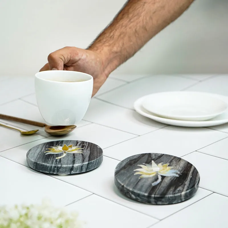 Lotus Marble Coaster With Mother Of Pearl Inlay (Grey) - Set Of Two media 5