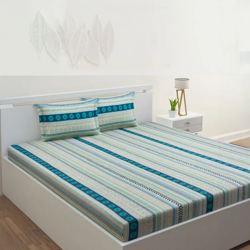 Florelle Strips Cotton Bedsheet (Blue) - 144 TC media 1