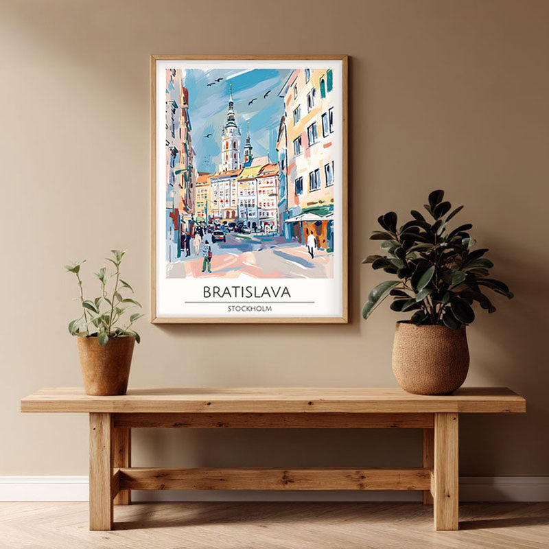 Vintage Bratislava Framed Canvas Archival Canvas Wall Painting - Natural Brown Frame
