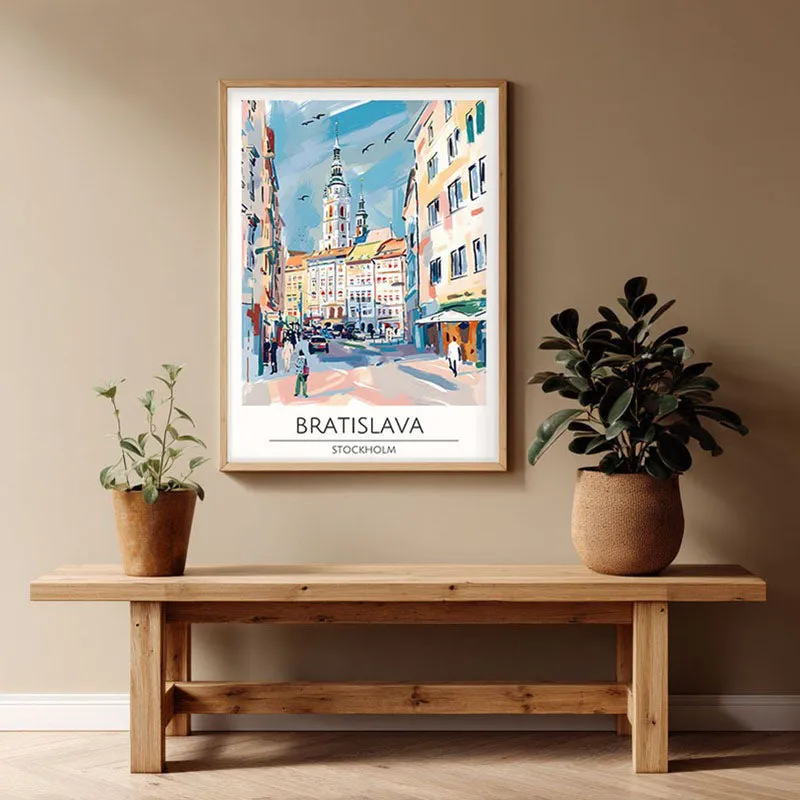 Vintage Bratislava Framed Canvas Archival Canvas Wall Painting - Natural Brown Frame media 1