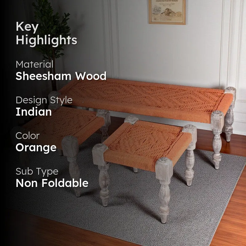 Crixo Sheesham Wooden Bench with Stools (Orange) - Three Piece Set media 2
